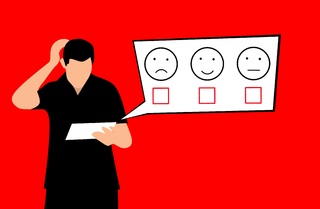 A confused shopper scratching his head over a rating card